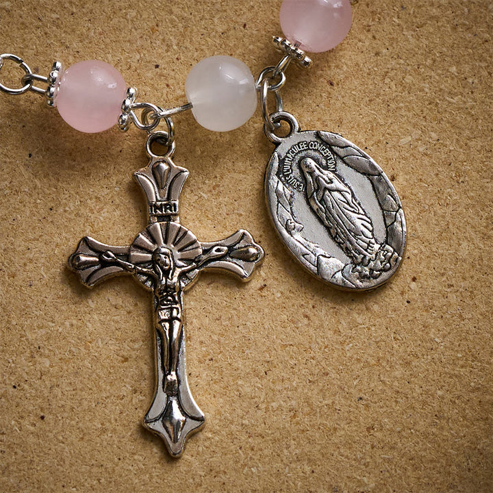 SolaceBeads Pink Stone Rosary Bracelet with Marian Medal, Cross &amp; Rose Details - image 5