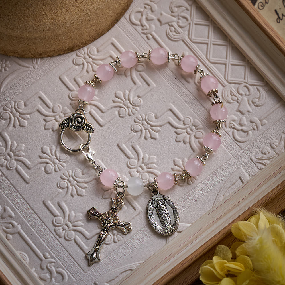 SolaceBeads Pink Stone Rosary Bracelet with Marian Medal, Cross &amp; Rose Details - image 6