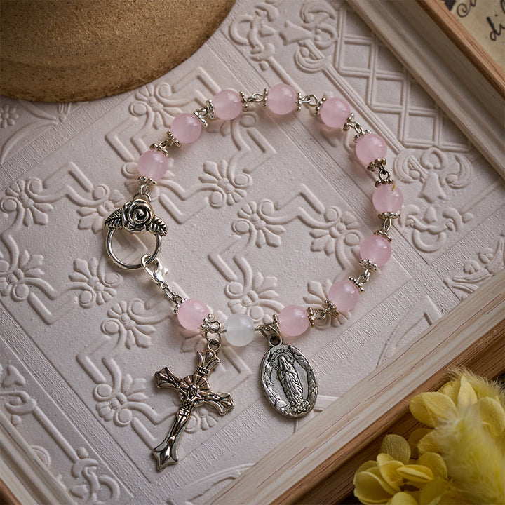 SolaceBeads Pink Stone Rosary Bracelet with Marian Medal, Cross &amp; Rose Details - image 6