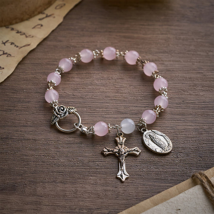 SolaceBeads Pink Stone Rosary Bracelet with Marian Medal, Cross &amp; Rose Details - Light Pink - image 0