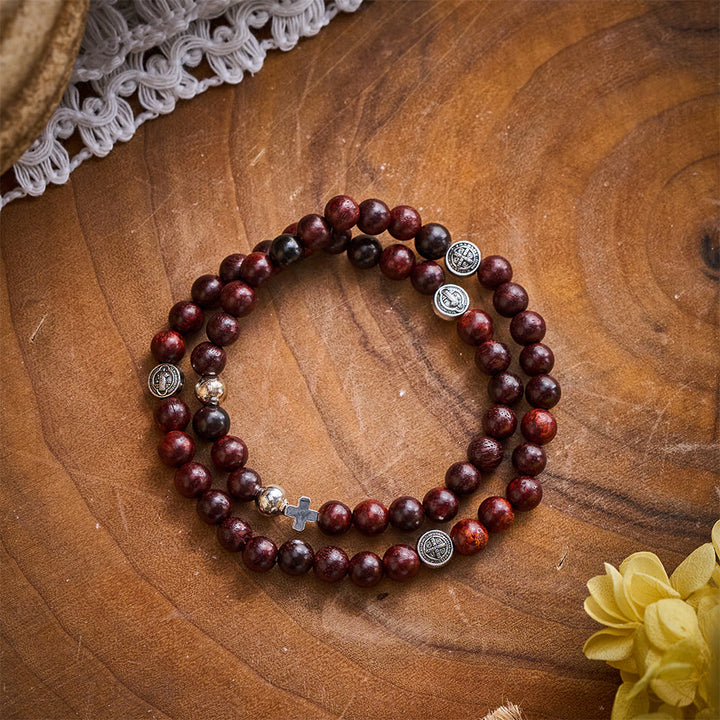 Solacebeads Rosewood Rosary Bracelet Connected With St. Benedict Medal &amp; Cross: Sacred Protection - image 5