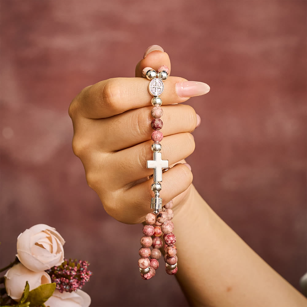 SolaceBeads Maifan Stone Rosary Bracelet: Earthly Devotion with St. Benedict Medal &amp; Cross - image 1