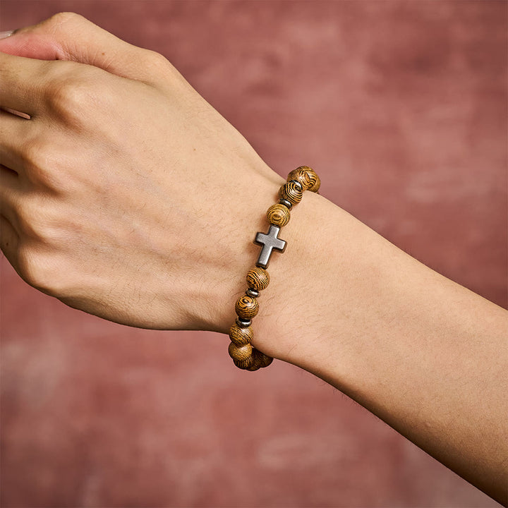 SolaceBeads Natural Wenge Wood Bracelet: Rustic Beads with Sleek Hematite Cross - image 1