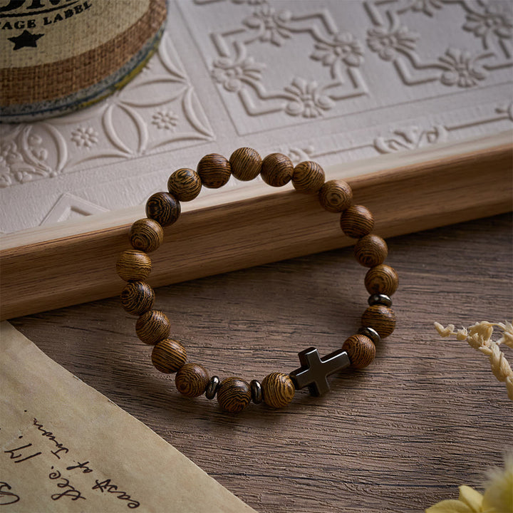 SolaceBeads Natural Wenge Wood Bracelet: Rustic Beads with Sleek Hematite Cross - Wenge Wood - image 0