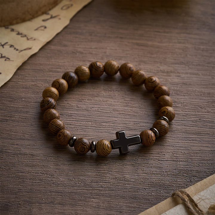 SolaceBeads Natural Wenge Wood Bracelet: Rustic Beads with Sleek Hematite Cross - image 5