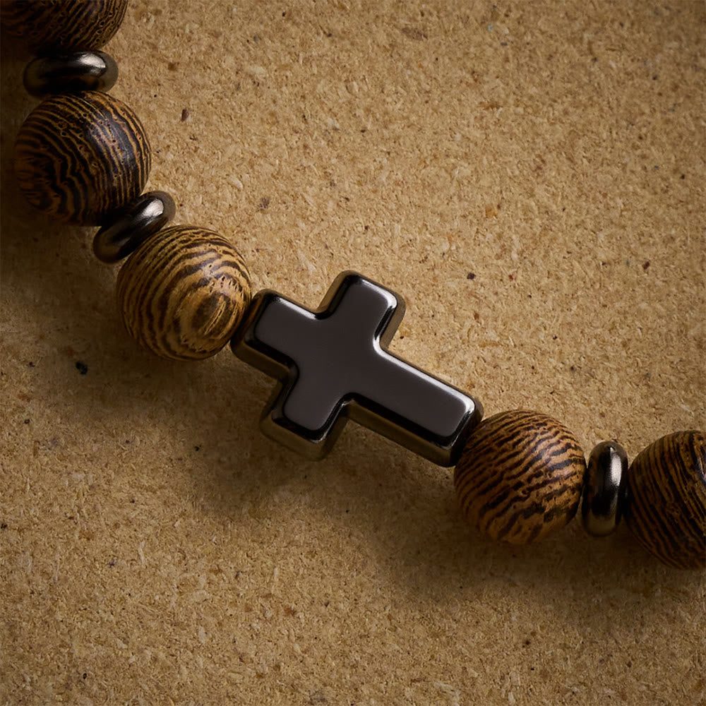 SolaceBeads Natural Wenge Wood Bracelet: Rustic Beads with Sleek Hematite Cross - image 4