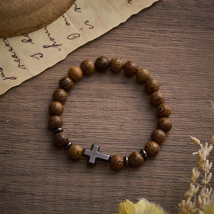 SolaceBeads Natural Wenge Wood Bracelet: Rustic Beads with Sleek Hematite Cross - image 6