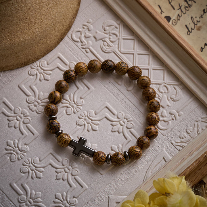 SolaceBeads Natural Wenge Wood Bracelet: Rustic Beads with Sleek Hematite Cross - image 2