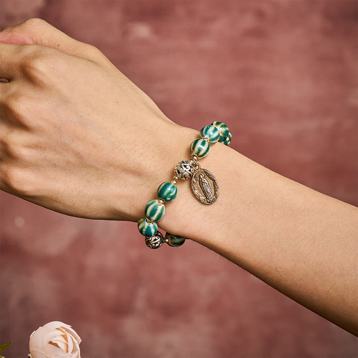 Solacebeads Green Stripe Ceramic Bracelet With Miraculous Medal: Graceful Faith In Summer - image 1