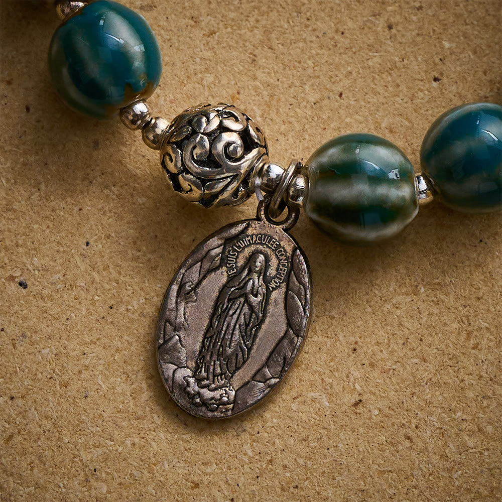 Solacebeads Green Stripe Ceramic Bracelet With Miraculous Medal: Graceful Faith In Summer - image 4