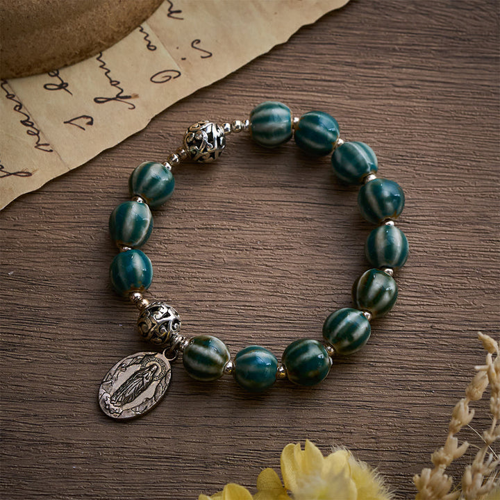 Solacebeads Green Stripe Ceramic Bracelet With Miraculous Medal: Graceful Faith In Summer - image 7
