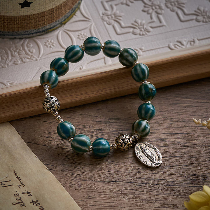 Solacebeads Green Stripe Ceramic Bracelet With Miraculous Medal: Graceful Faith In Summer - Green - image 0