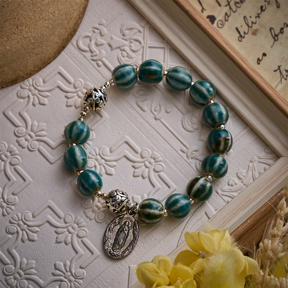 Solacebeads Green Stripe Ceramic Bracelet With Miraculous Medal: Graceful Faith In Summer - image 5