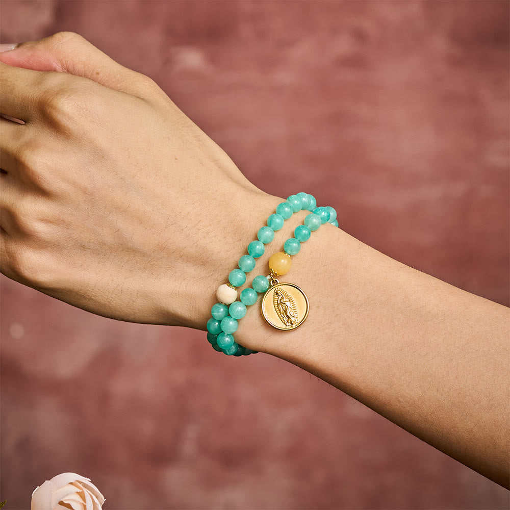 SolaceBeads Turquoise Natural Stone Beaded Bracelet with Wood Accents &amp; Gold Marian Medal - image 1