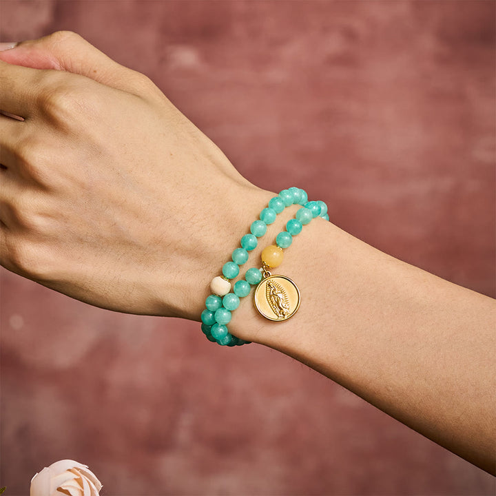 SolaceBeads Turquoise Natural Stone Beaded Bracelet with Wood Accents &amp; Gold Marian Medal - image 1