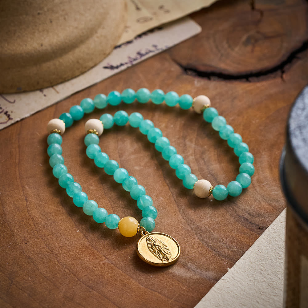SolaceBeads Turquoise Natural Stone Beaded Bracelet with Wood Accents &amp; Gold Marian Medal - image 2