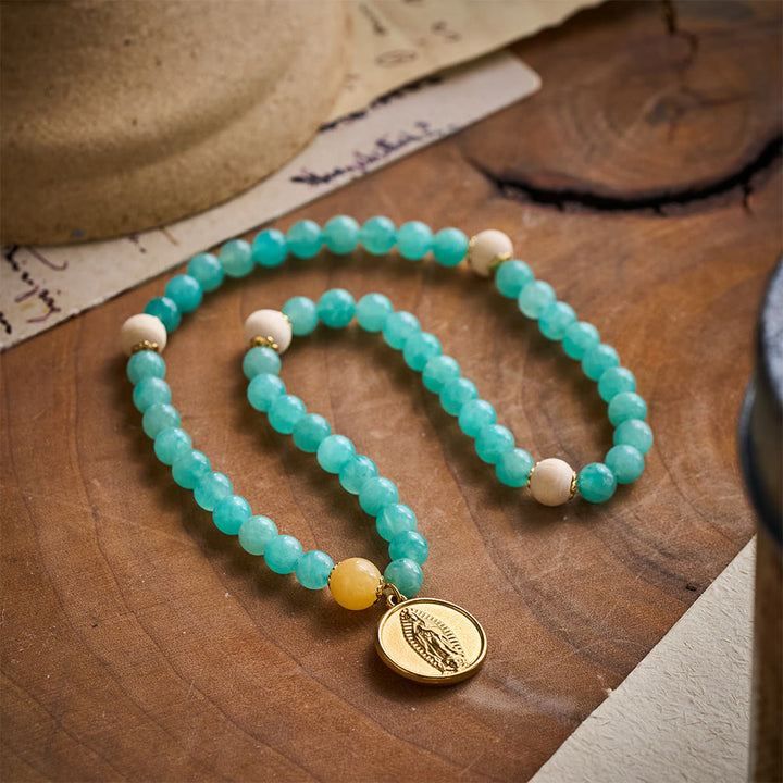 SolaceBeads Turquoise Natural Stone Beaded Bracelet with Wood Accents &amp; Gold Marian Medal - image 8