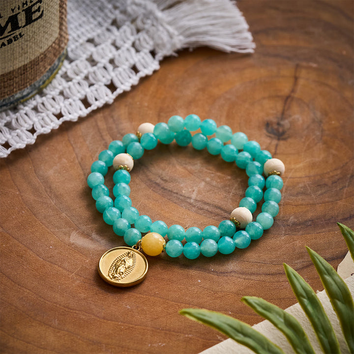 SolaceBeads Turquoise Natural Stone Beaded Bracelet with Wood Accents &amp; Gold Marian Medal - Teal Green - image 0