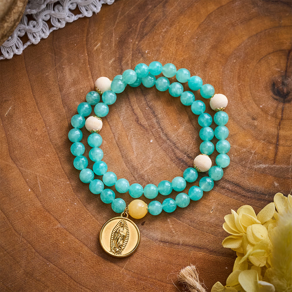SolaceBeads Turquoise Natural Stone Beaded Bracelet with Wood Accents &amp; Gold Marian Medal - image 6