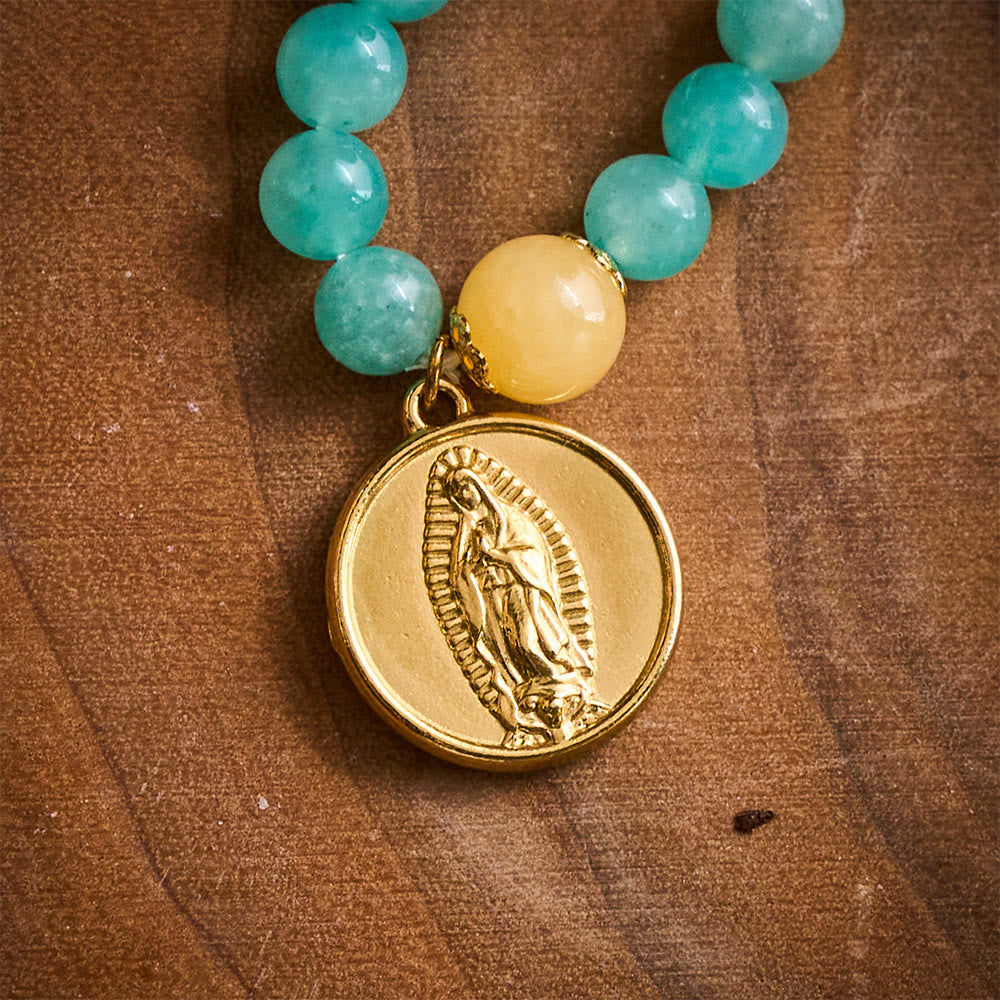 SolaceBeads Turquoise Natural Stone Beaded Bracelet with Wood Accents &amp; Gold Marian Medal - image 5