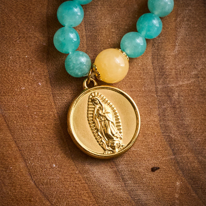 SolaceBeads Turquoise Natural Stone Beaded Bracelet with Wood Accents &amp; Gold Marian Medal - image 5
