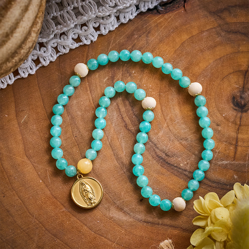 SolaceBeads Turquoise Natural Stone Beaded Bracelet with Wood Accents &amp; Gold Marian Medal - image 3