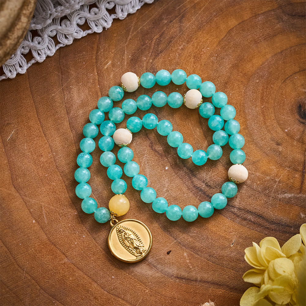 SolaceBeads Turquoise Natural Stone Beaded Bracelet with Wood Accents &amp; Gold Marian Medal - image 7
