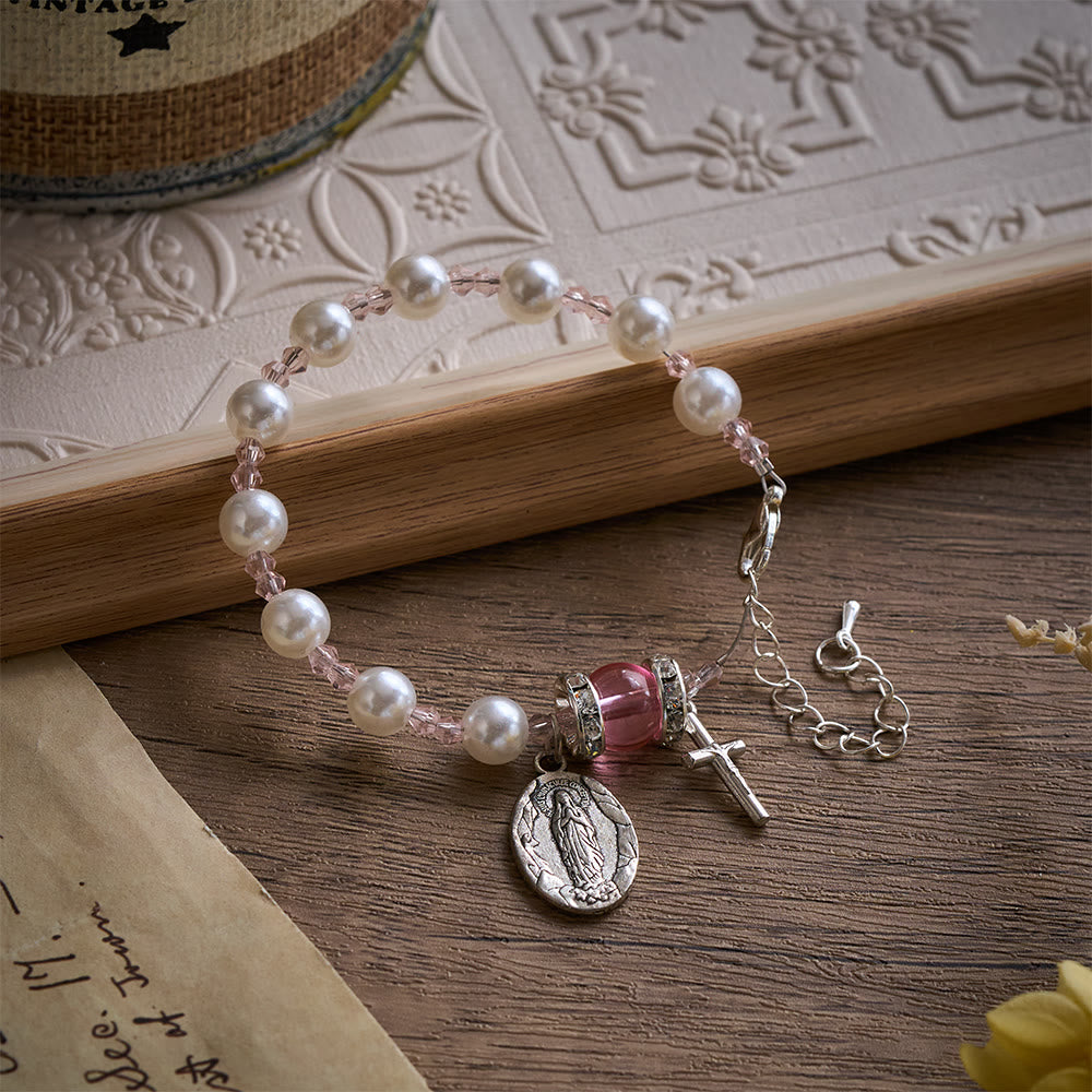 Solacebeads Lustrous Bead Bracelet: Rose-tinted Devotion With Miraculous Medal & Cross - White & Pink - image 0