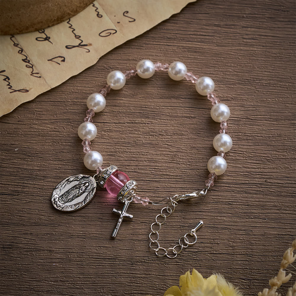 Solacebeads Lustrous Bead Bracelet: Rose-tinted Devotion With Miraculous Medal &amp; Cross - image 5