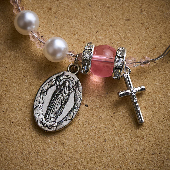 Solacebeads Lustrous Bead Bracelet: Rose-tinted Devotion With Miraculous Medal &amp; Cross - image 3