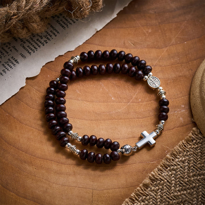 SolaceBeads Dark Brown Bodhi Seed Beaded Bracelet with St. Benedict Medal &amp; Magnetic Closure - Natural Bodhi Seed Beads - image 0