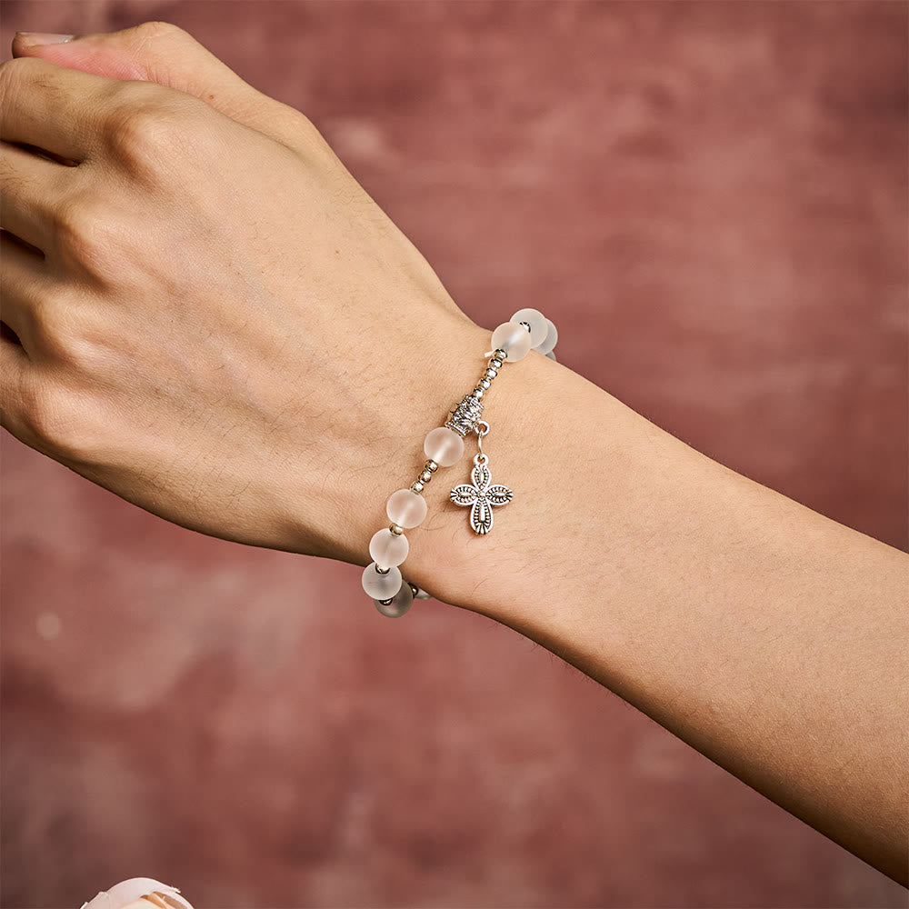 Solacebeads Frosted White Bead Bracelet: Sacred Clarity With Ornate Spacer &amp; Cross - image 1