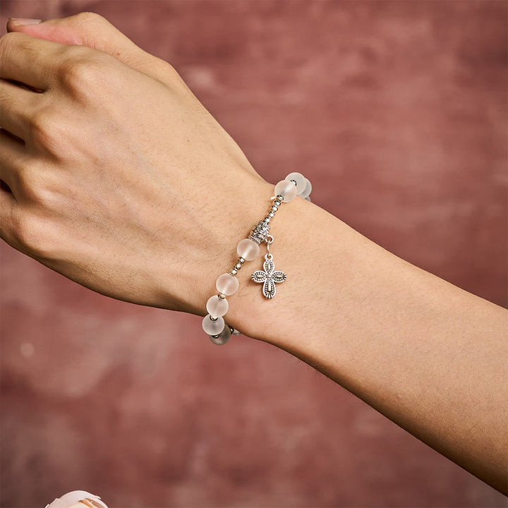 Solacebeads Frosted White Bead Bracelet: Sacred Clarity With Ornate Spacer &amp; Cross - image 1