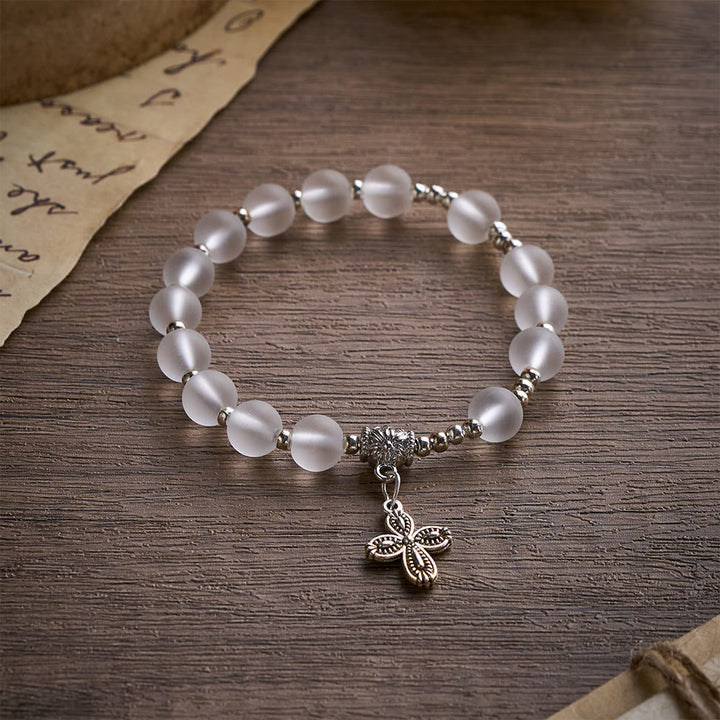 Solacebeads Frosted White Bead Bracelet: Sacred Clarity With Ornate Spacer &amp; Cross - Frosted White - image 0