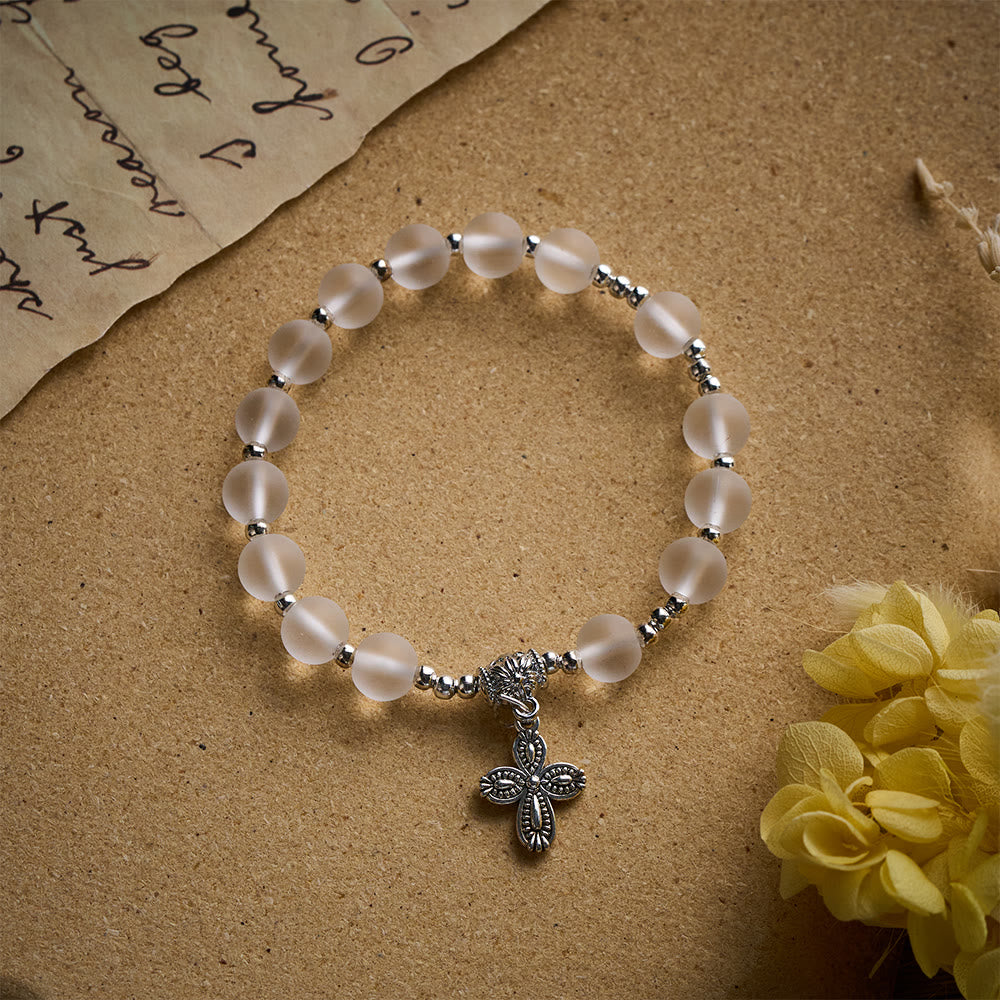 Solacebeads Frosted White Bead Bracelet: Sacred Clarity With Ornate Spacer &amp; Cross - image 4