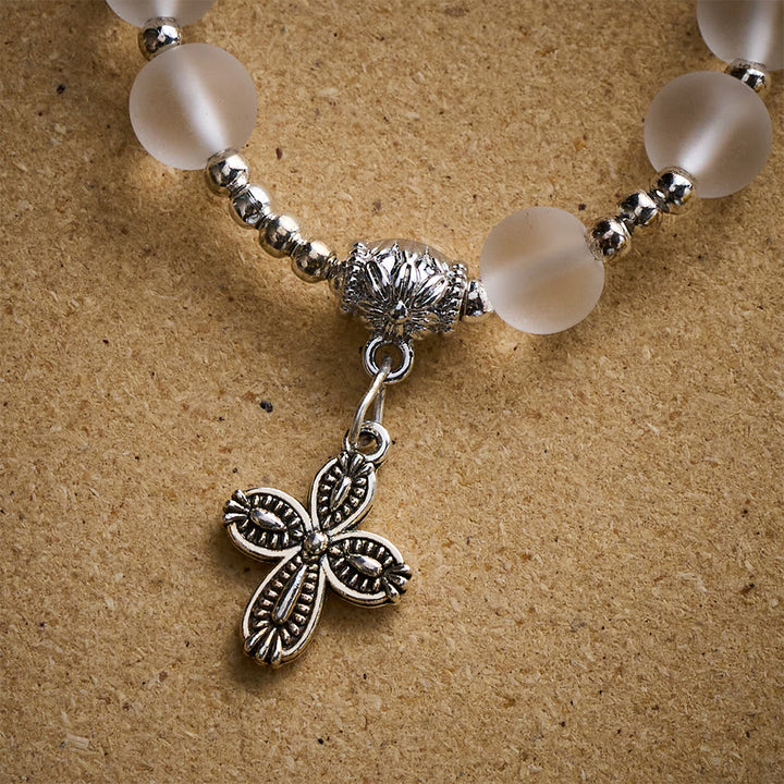 Solacebeads Frosted White Bead Bracelet: Sacred Clarity With Ornate Spacer &amp; Cross - image 3
