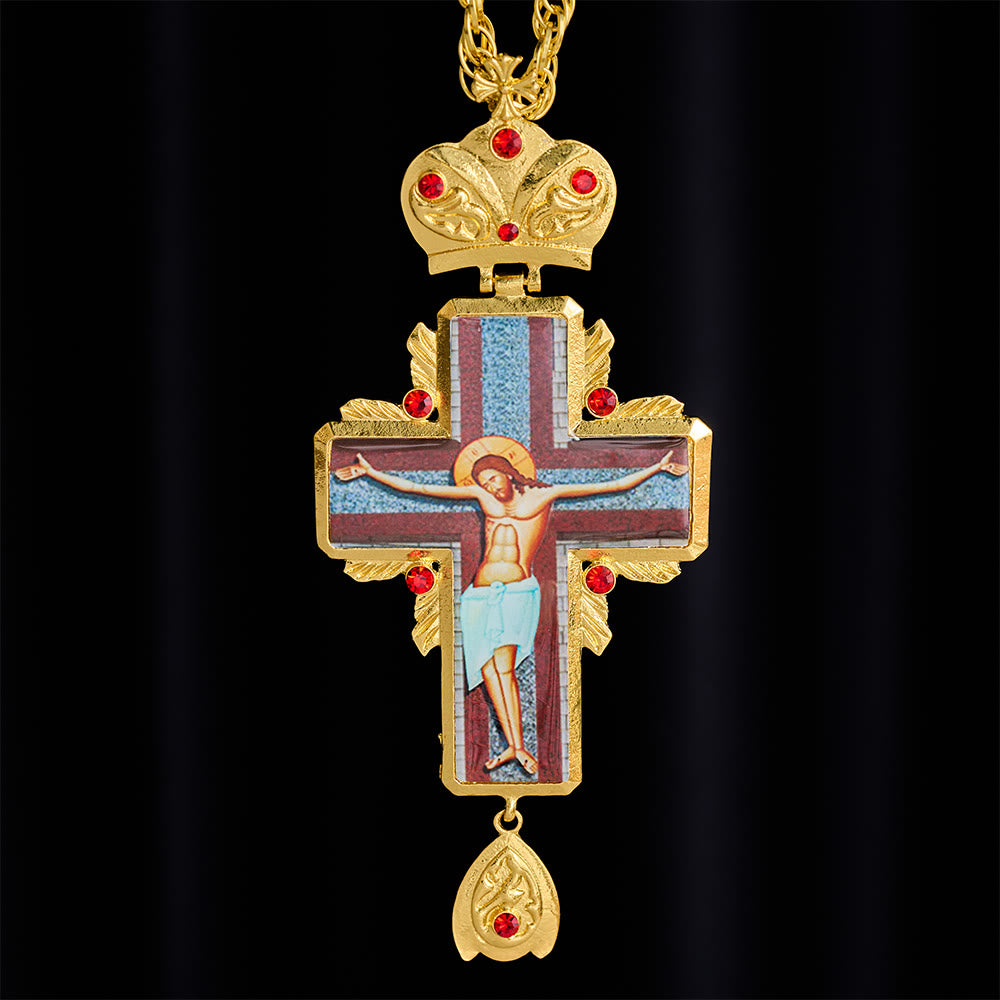 SolaceBeads Golden Ornate Pectoral Cross: Sacred Icon Crucifix with Gold Tone &amp; Red Crystal Accents - image 5