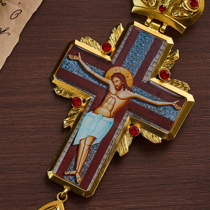 SolaceBeads Golden Ornate Pectoral Cross: Sacred Icon Crucifix with Gold Tone &amp; Red Crystal Accents - image 2