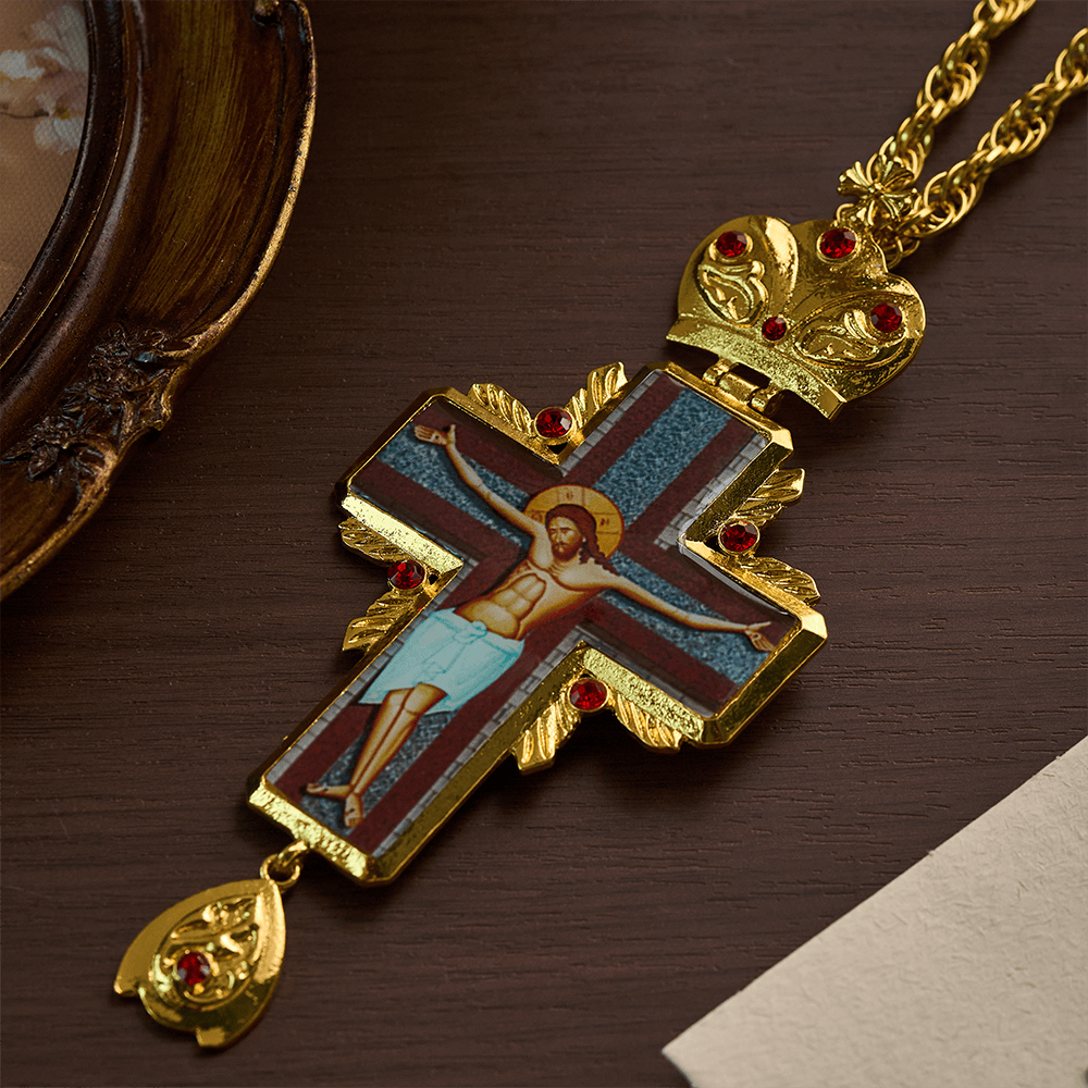SolaceBeads Golden Ornate Pectoral Cross: Sacred Icon Crucifix with Gold Tone &amp; Red Crystal Accents - image 7