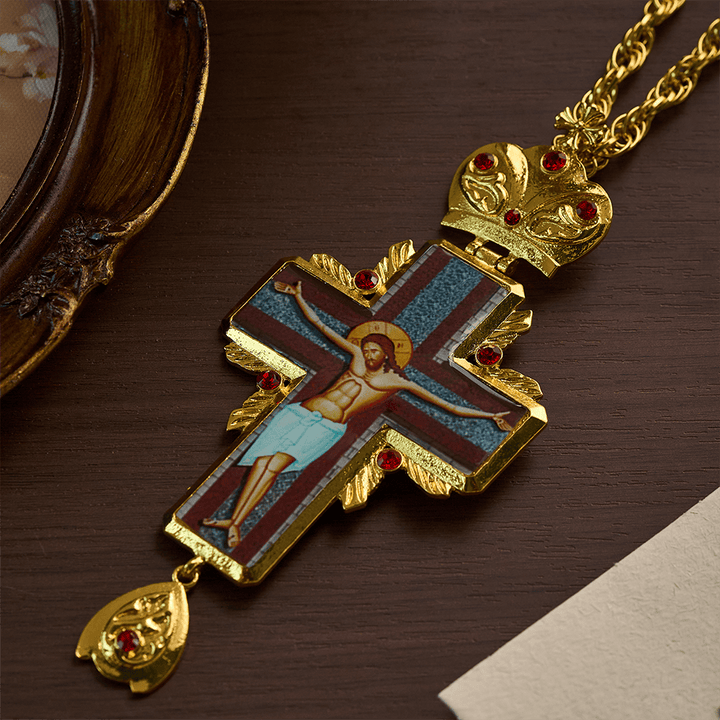 SolaceBeads Golden Ornate Pectoral Cross: Sacred Icon Crucifix with Gold Tone &amp; Red Crystal Accents - image 7