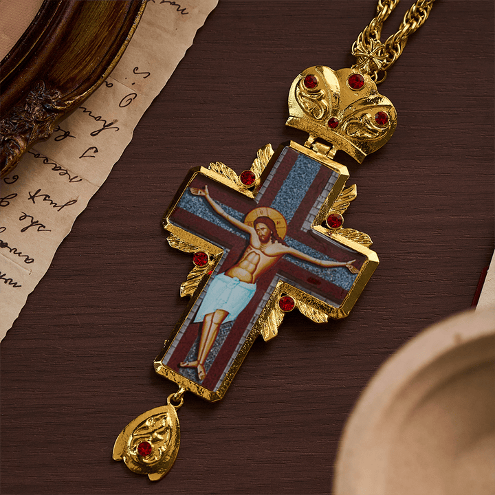 SolaceBeads Golden Ornate Pectoral Cross: Sacred Icon Crucifix with Gold Tone &amp; Red Crystal Accents - Golden - image 0