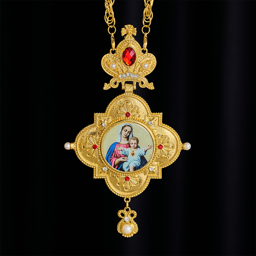 Solacebeads Golden Marian Pectoral Cross With Jewel Accents: Devotion Of The Sacred Heart - image 4