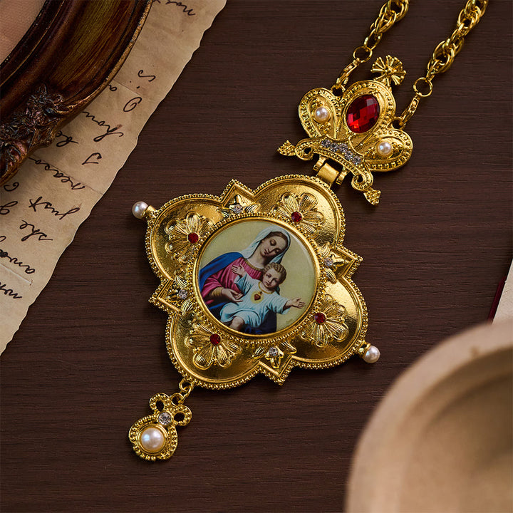 Solacebeads Golden Marian Pectoral Cross With Jewel Accents: Devotion Of The Sacred Heart - Golden - image 0