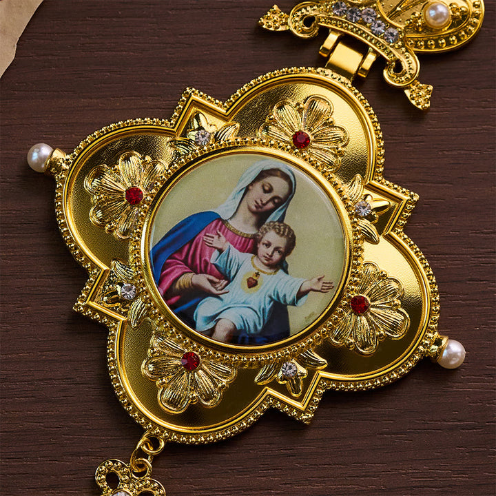 Solacebeads Golden Marian Pectoral Cross With Jewel Accents: Devotion Of The Sacred Heart - image 2