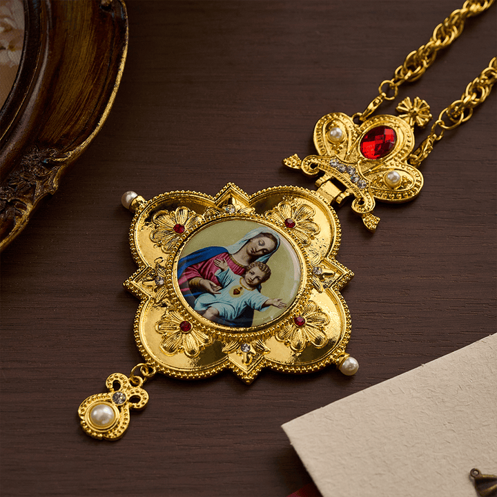 Solacebeads Golden Marian Pectoral Cross With Jewel Accents: Devotion Of The Sacred Heart - image 6