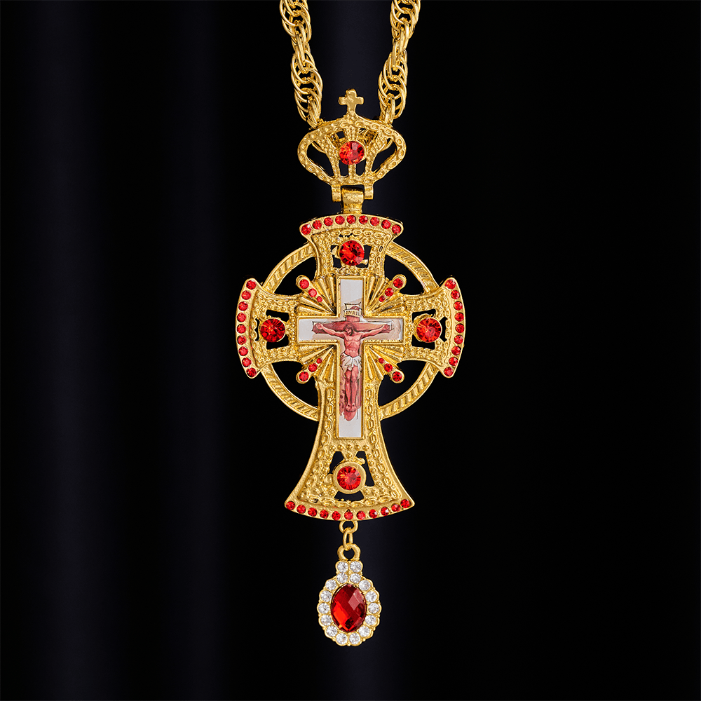 Solacebeads Byzantine Crucifix Pectoral Cross: Ornate Gold Clergy Pendant With Red Crystal Accents - image 5