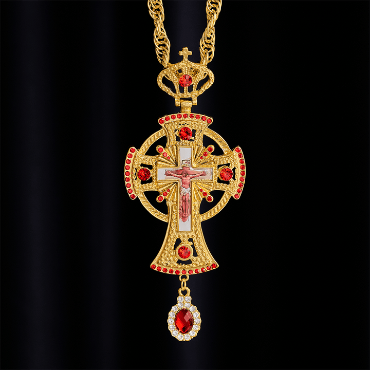 Solacebeads Byzantine Crucifix Pectoral Cross: Ornate Gold Clergy Pendant With Red Crystal Accents - image 5