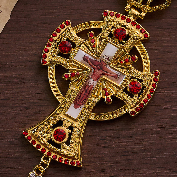 Solacebeads Byzantine Crucifix Pectoral Cross: Ornate Gold Clergy Pendant With Red Crystal Accents - image 2