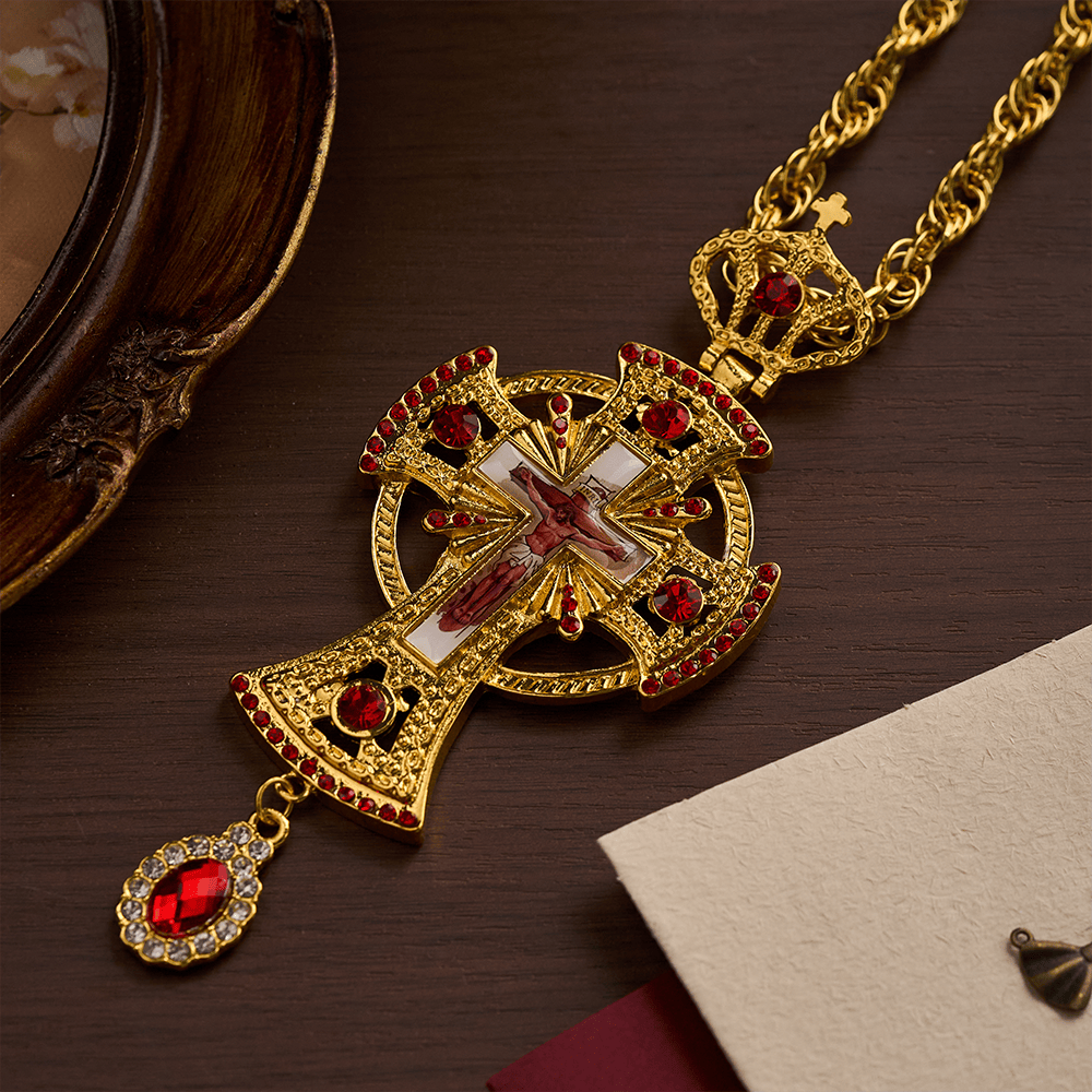 Solacebeads Byzantine Crucifix Pectoral Cross: Ornate Gold Clergy Pendant With Red Crystal Accents - image 6