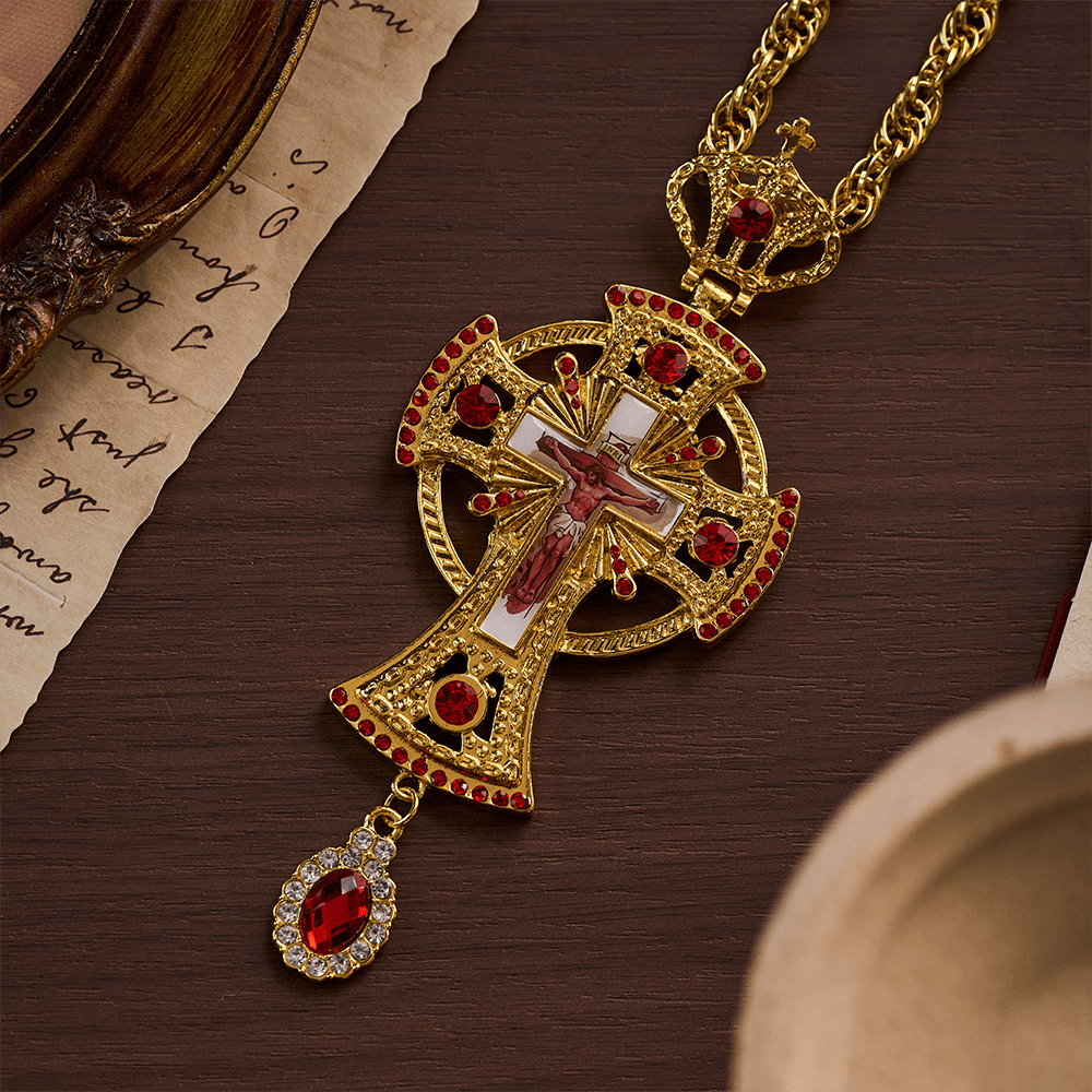 Solacebeads Byzantine Crucifix Pectoral Cross: Ornate Gold Clergy Pendant With Red Crystal Accents - Golden - image 0